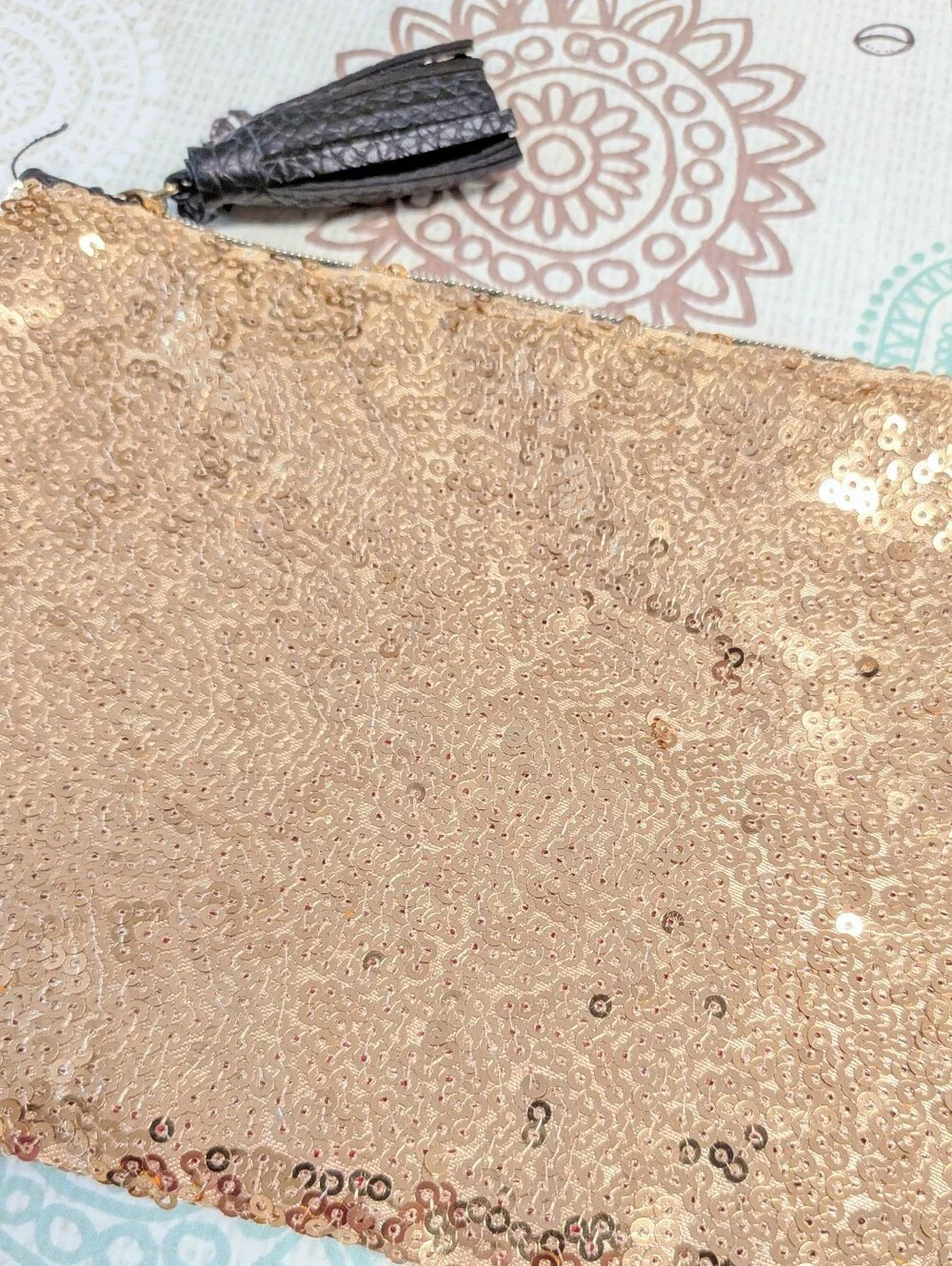 Ipsy gold sequin and faux leather makeup bag